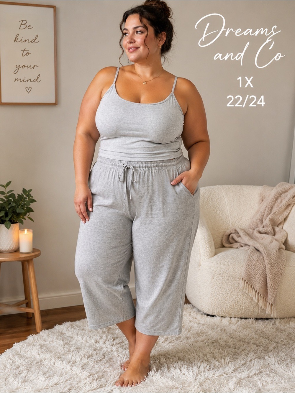 Dreams & Co 1X 22/24 heathered gray Lounge Capri Pajama Pant Plus Size